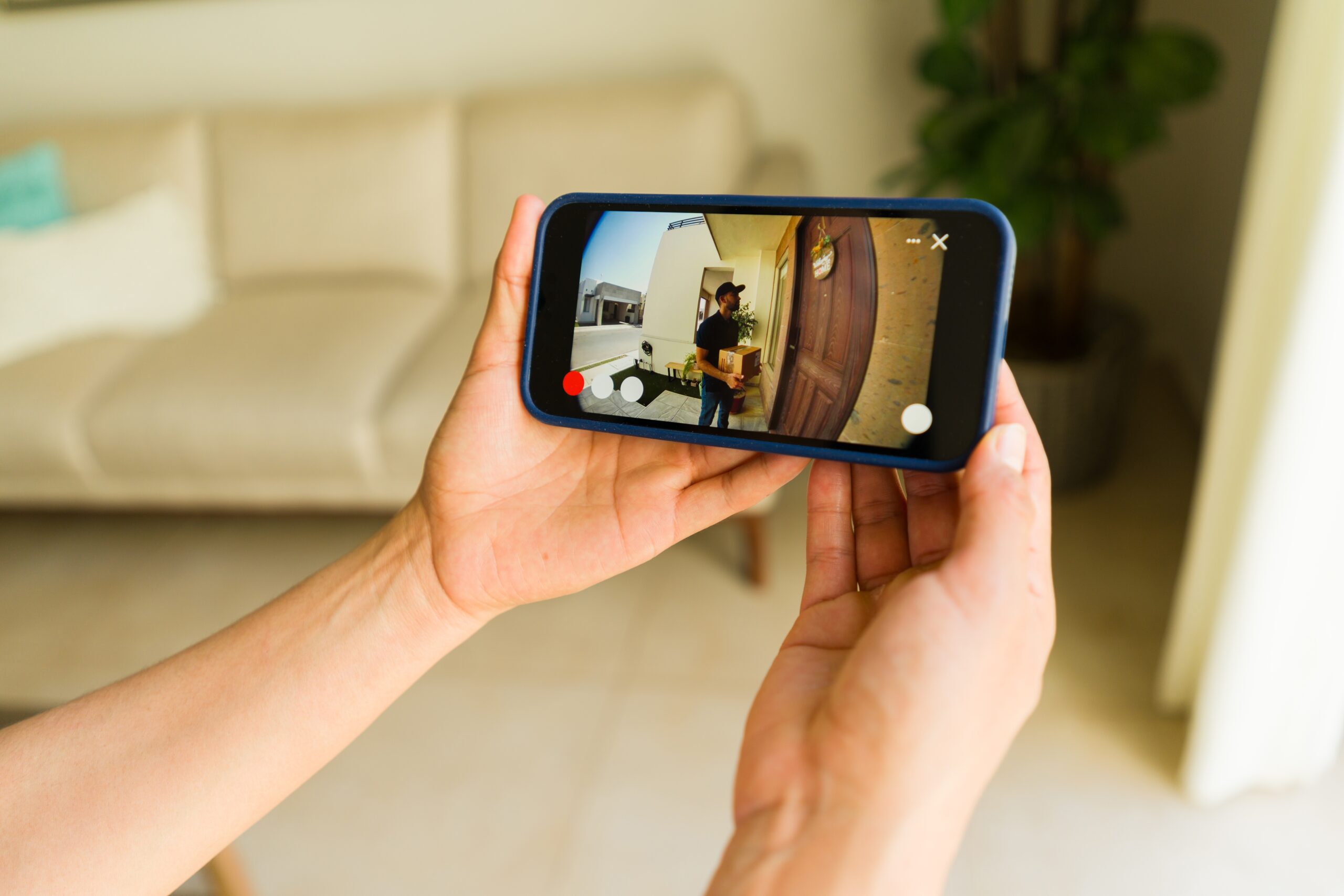 Closeup,Of,A,Woman,Using,A,Smartphone,App,To,Watch Front Door